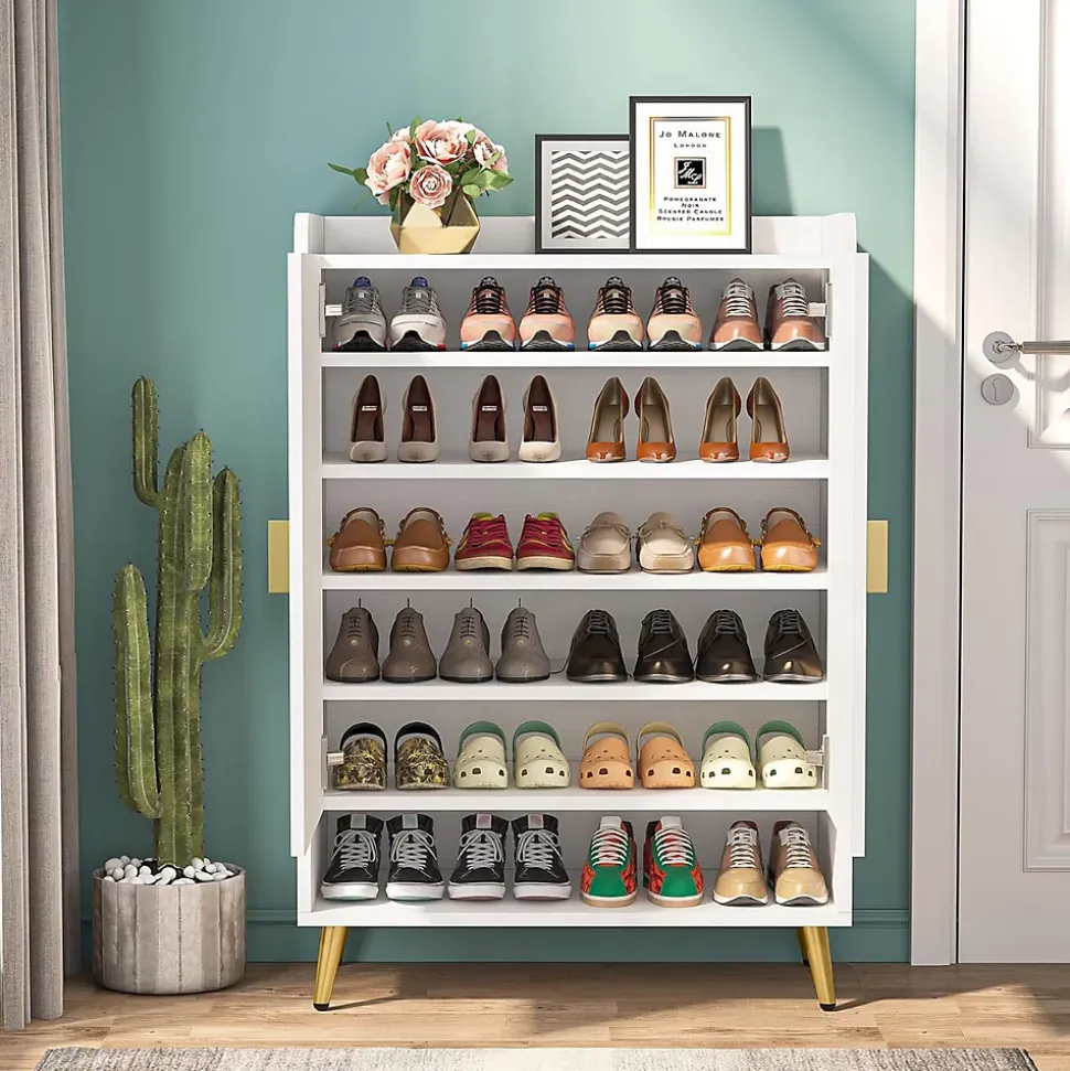 Tribesigns Meuble à chaussures avec 2 portes à 7 niveaux pour 25 paires couloir blanc