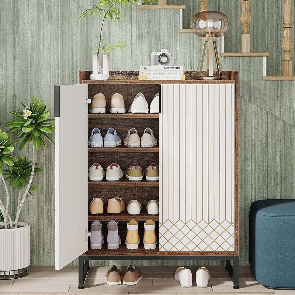 Tribesigns Meuble de Rangement à Chaussures Armoire avec Cadre Blanc et Marron