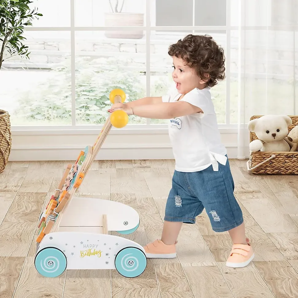 Trotteur Bébé Garçon Fille, Chariot de Marche en Bois avec Hauteurs Réglables Roues Douces, Centre d'Activité d'Apprentissage