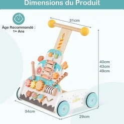 Trotteur Bébé Garçon Fille, Chariot de Marche en Bois avec Hauteurs Réglables Roues Douces, Centre d'Activité d'Apprentissage