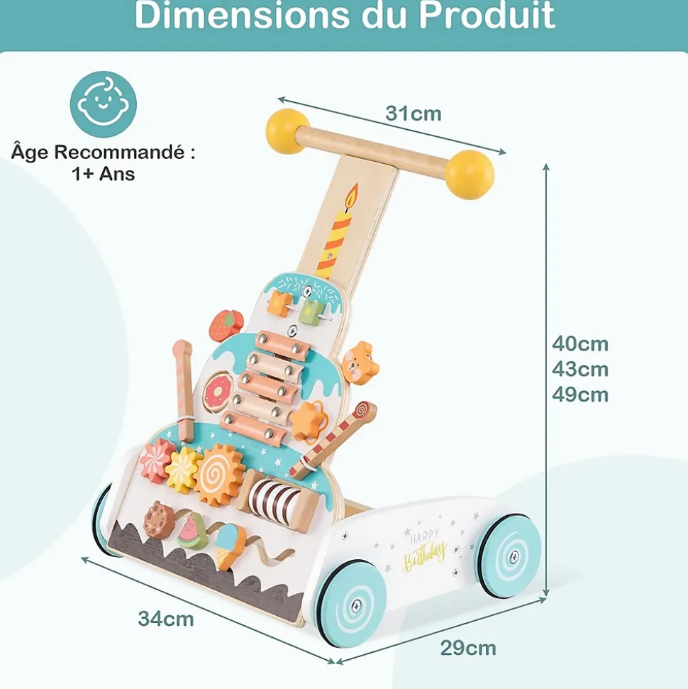 Trotteur Bébé Garçon Fille, Chariot de Marche en Bois avec Hauteurs Réglables Roues Douces, Centre d'Activité d'Apprentissage