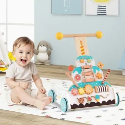 Trotteur Bébé Garçon Fille, Chariot de Marche en Bois avec Hauteurs Réglables Roues Douces, Centre d'Activité d'Apprentissage