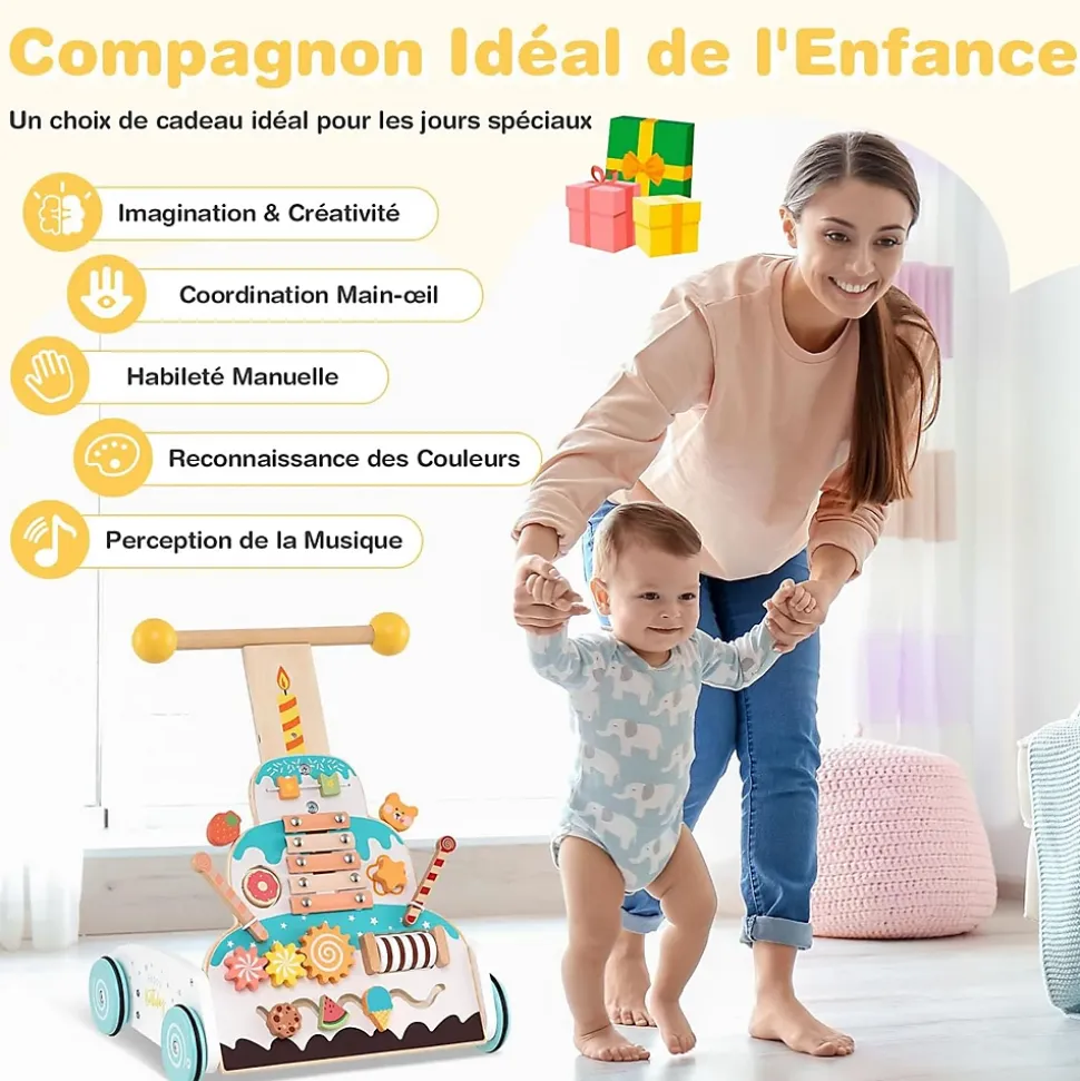 Trotteur Bébé Garçon Fille, Chariot de Marche en Bois avec Hauteurs Réglables Roues Douces, Centre d'Activité d'Apprentissage