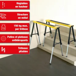 Tréteaux réglables télescopiques en métal - Hauteur ajustable de 64 à 91 cm Charge 150 kg - EURO VANADIUM