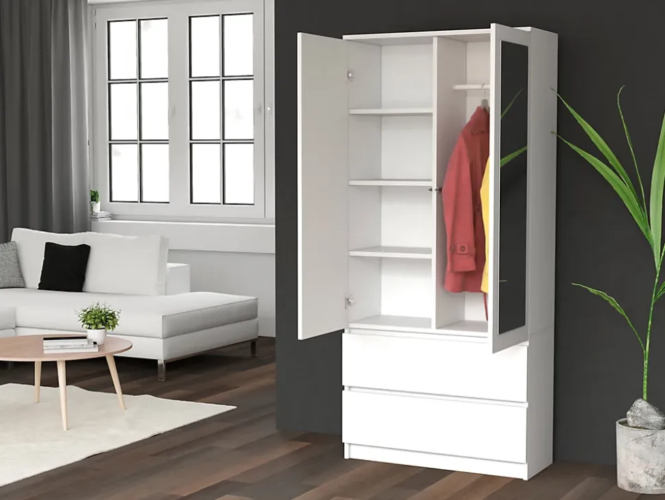 TURIN - Armoire 2 portes avec miroir style moderne chambre à coucher - 90x50x180 - 2 tiroirs