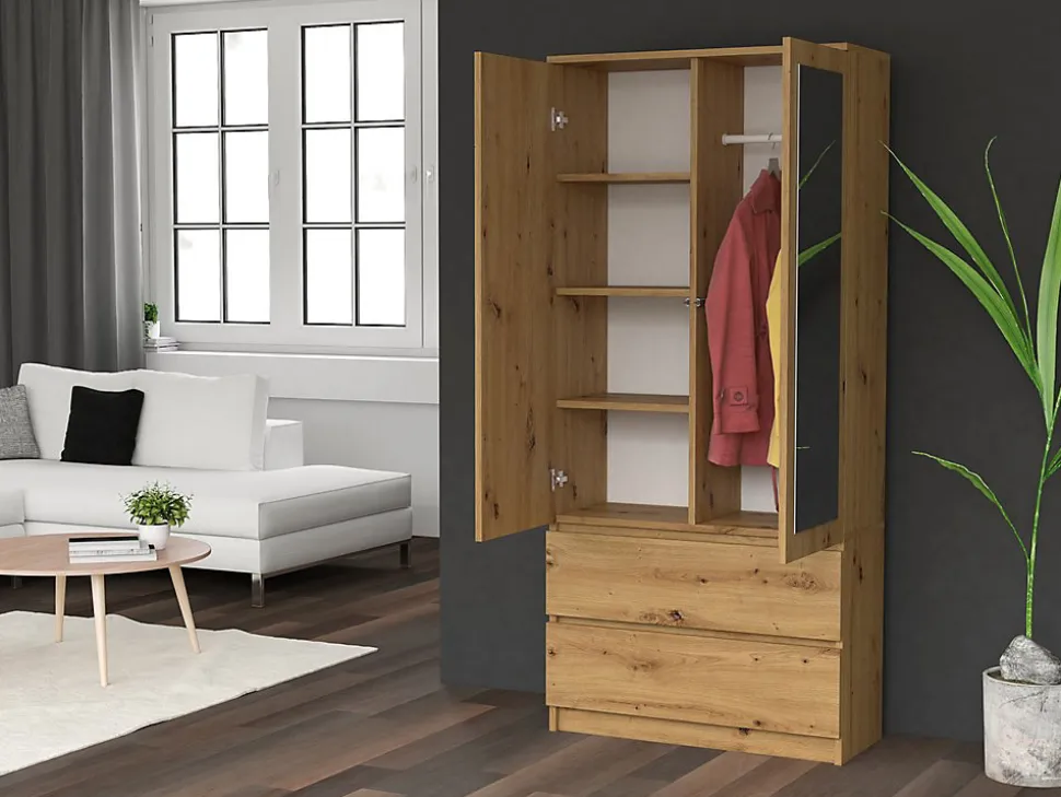 TURIN - Armoire 2 portes avec miroir style moderne chambre à coucher - 90x50x180 - 2 tiroirs - Chêne