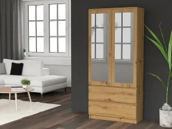 TURIN - Armoire 2 portes avec miroir style moderne chambre à coucher - 90x50x180 - 2 tiroirs - Chêne