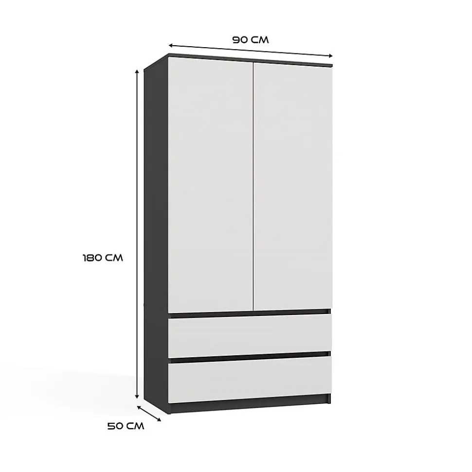 TURIN - Armoire de chambre - Penderie multifonctions - 2 portes + 2 tiroirs - Dressing - Anthracite et Blanc