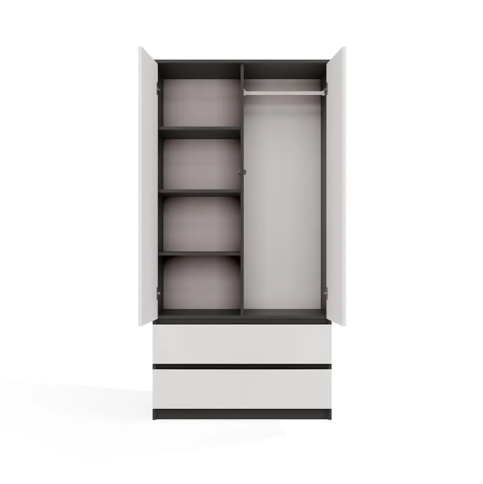 TURIN - Armoire de chambre - Penderie multifonctions - 2 portes + 2 tiroirs - Dressing - Anthracite et Blanc