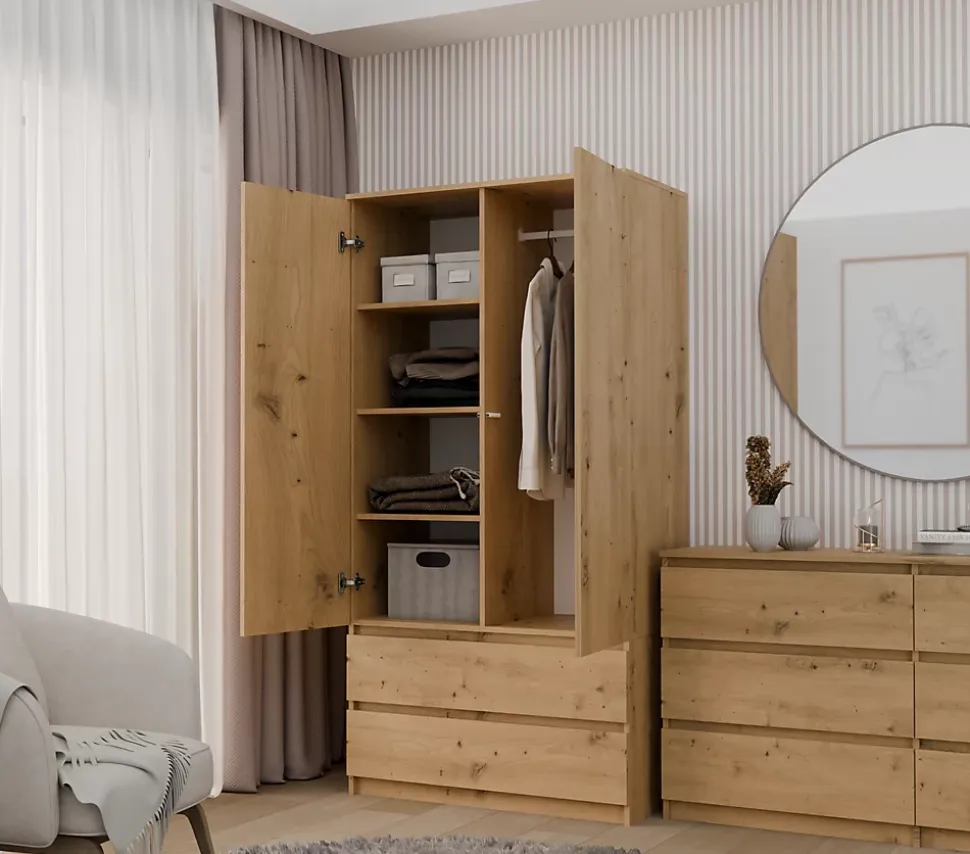 TURIN - Armoire style moderne chambre salon - Penderie multifonctions - 2 portes + tiroirs