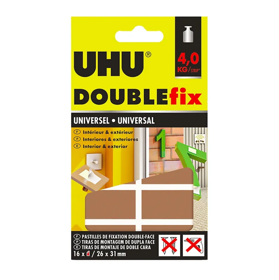 UHU Doublefix universel - Pastilles adhésives, ultra forte, résistance à 4 Kg, blanches, 16 pastilles