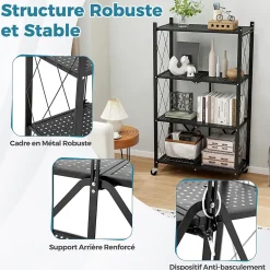 Unité de Rangement Pliable Étagère en Métal à 4 Niveaux Résistante avec 4 Roues Universelles Organisateur Espace Noir