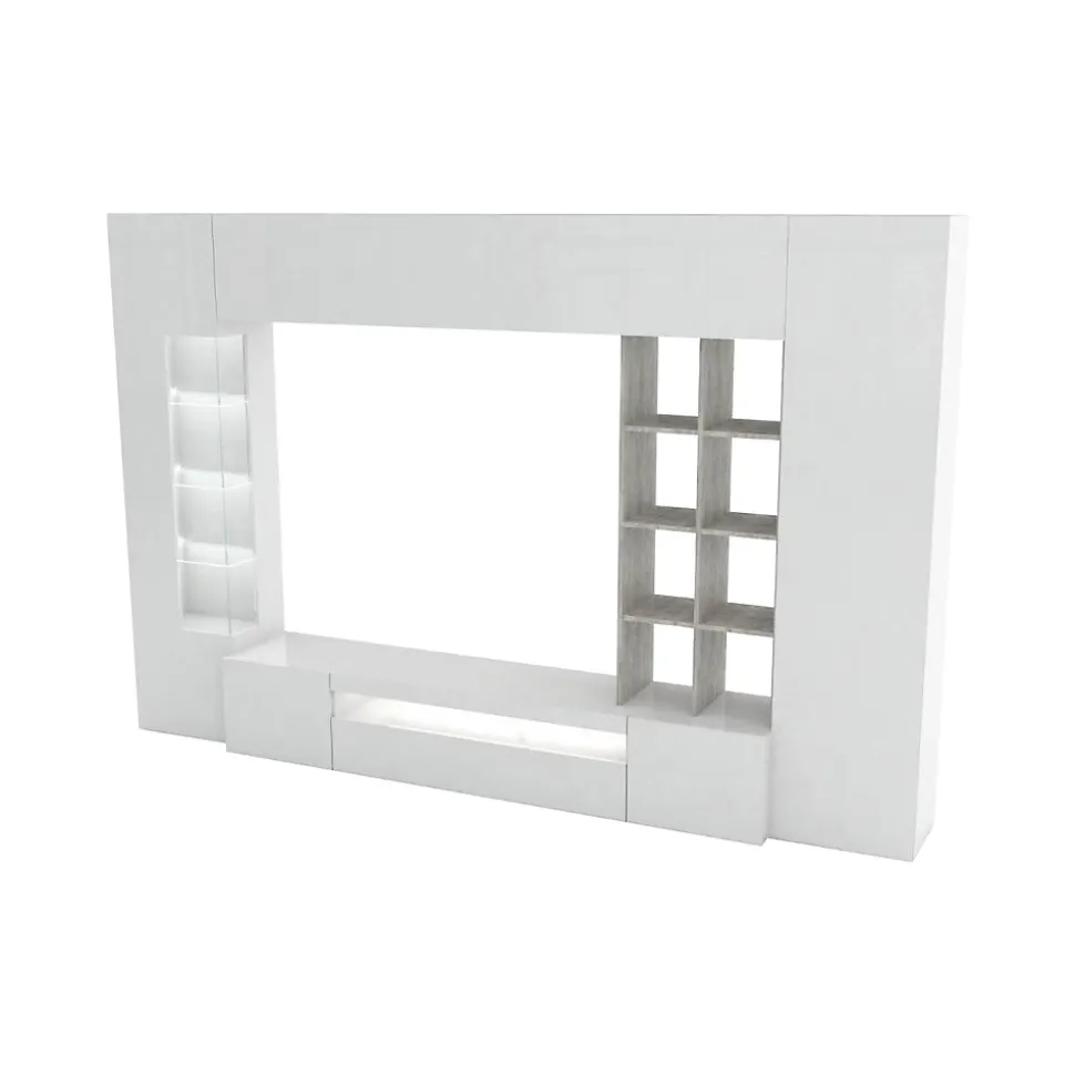 Unité murale Dfazz, ensemble de salon meuble TV, Meuble de salon polyvalent, 290x40h192 cm, Blanc brillant et béton