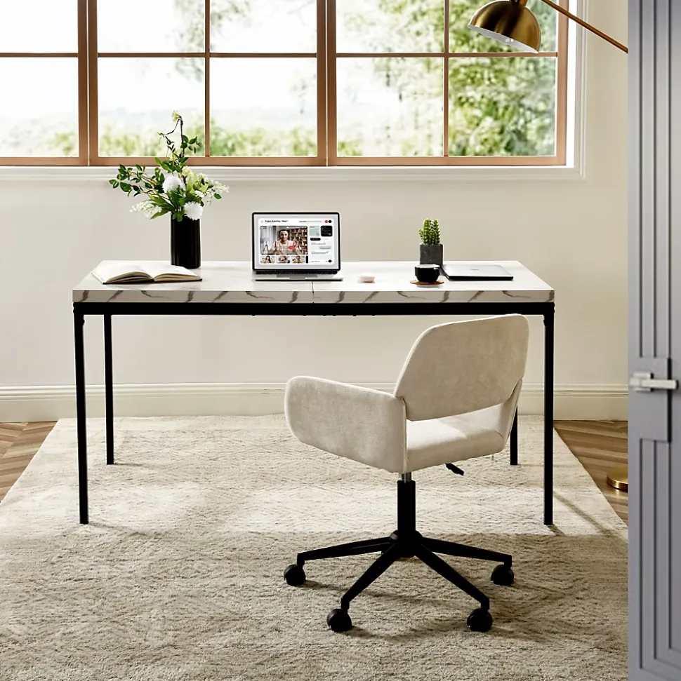 URBAN MEUBLE Chaise de bureau ergonomique en tissu beige Pivotante, hauteur réglable, avec accoudoirs et roulettes