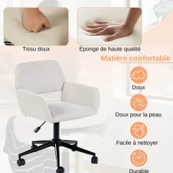 URBAN MEUBLE Chaise de bureau ergonomique en tissu beige Pivotante, hauteur réglable, avec accoudoirs et roulettes