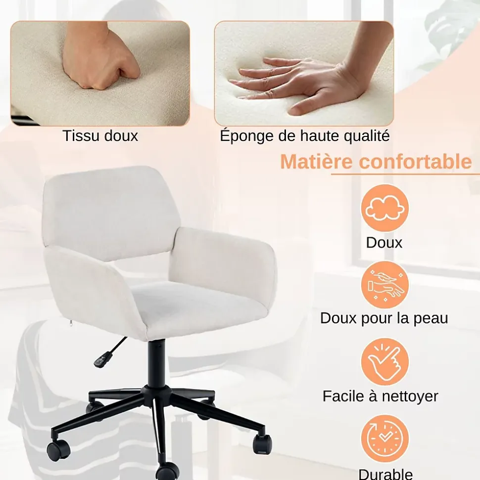 URBAN MEUBLE Chaise de bureau ergonomique en tissu beige Pivotante, hauteur réglable, avec accoudoirs et roulettes