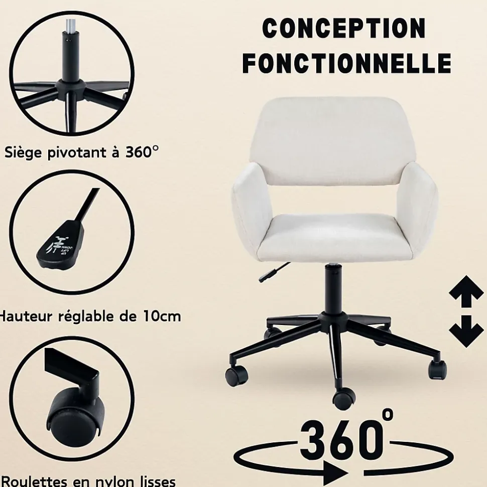 URBAN MEUBLE Chaise de bureau ergonomique en tissu beige Pivotante, hauteur réglable, avec accoudoirs et roulettes