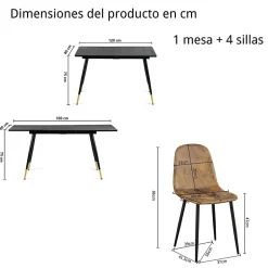 URBAN MEUBLE Ensemble table extensible noir effet bois 120-160 et 4 chaises style scandinave retro