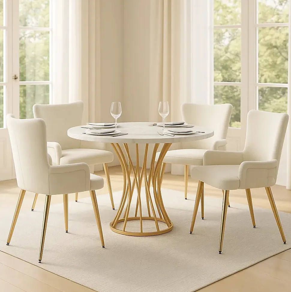 URBAN MEUBLE Ensemble table ronde marbre blanc doré avec 4 chaises beige