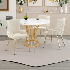 URBAN MEUBLE Ensemble table ronde marbre blanc doré avec 4 chaises beige