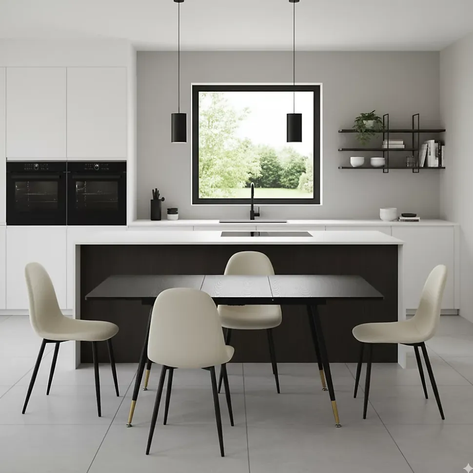 URBAN MEUBLE Ensemble table extensible noir 120-160 et 4 chaises style scandinaves blanches cassées