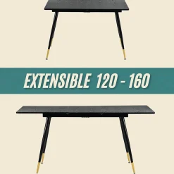 URBAN MEUBLE Ensemble table extensible noir 120-160 et 4 chaises style scandinaves blanches cassées