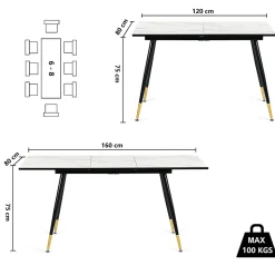 URBAN MEUBLE Ensemble table extensible effet marbre blanc 120-160 et 4 chaises style scandinave retro