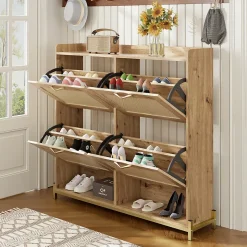 URBAN MEUBLE Meuble à chaussures effet bois et rotin MDF 4 portes battantes
