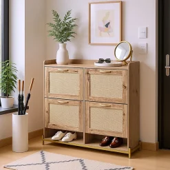 URBAN MEUBLE Meuble à chaussures effet bois et rotin MDF 4 portes battantes