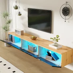URBAN MEUBLE Meuble TV suspendu effet bois et portes laqués noir avec LED