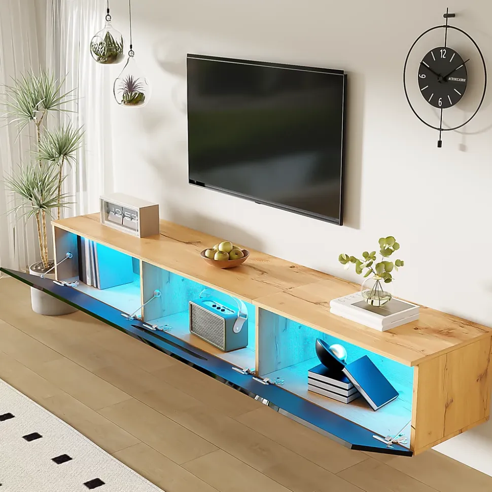 URBAN MEUBLE Meuble TV suspendu effet bois et portes laqués noir avec LED