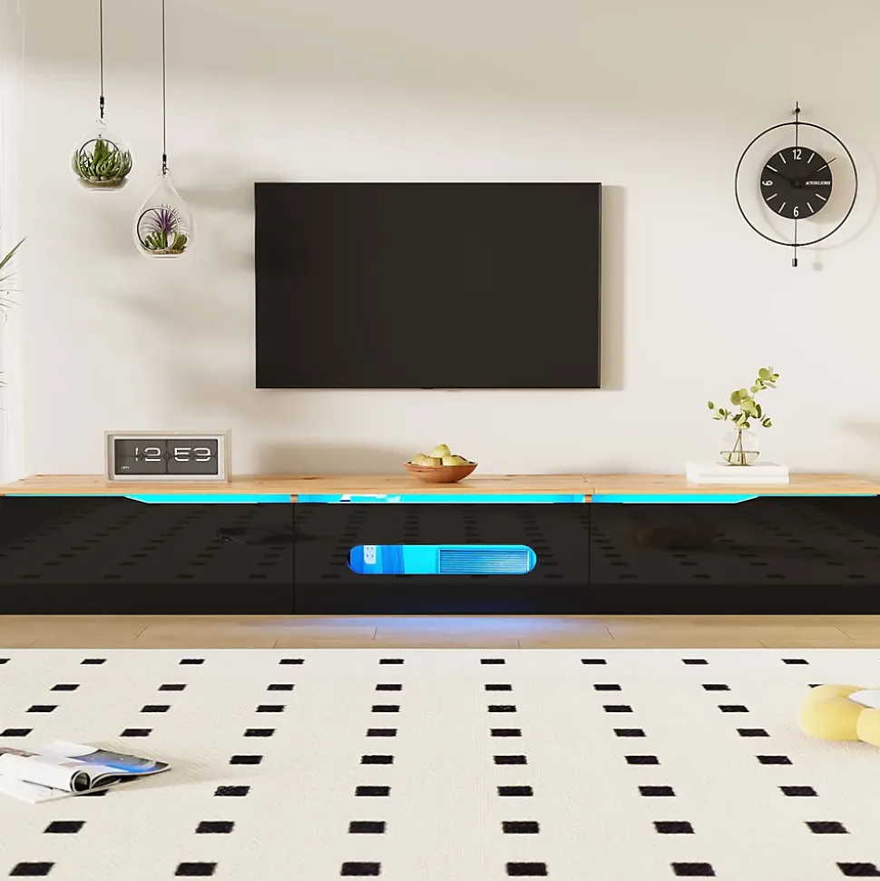 URBAN MEUBLE Meuble TV suspendu effet bois et portes laqués noir avec LED