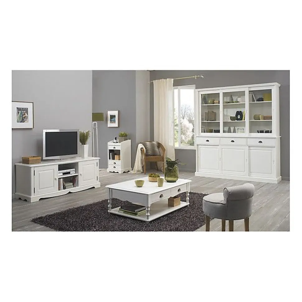 Vaisselier - Blanc - 6 Portes Coulissantes - 3 Tiroirs - 10 Niches - Style Anglais Charme