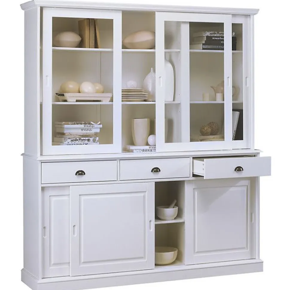 Vaisselier - Blanc - 6 Portes Coulissantes - 3 Tiroirs - 10 Niches - Style Anglais Charme