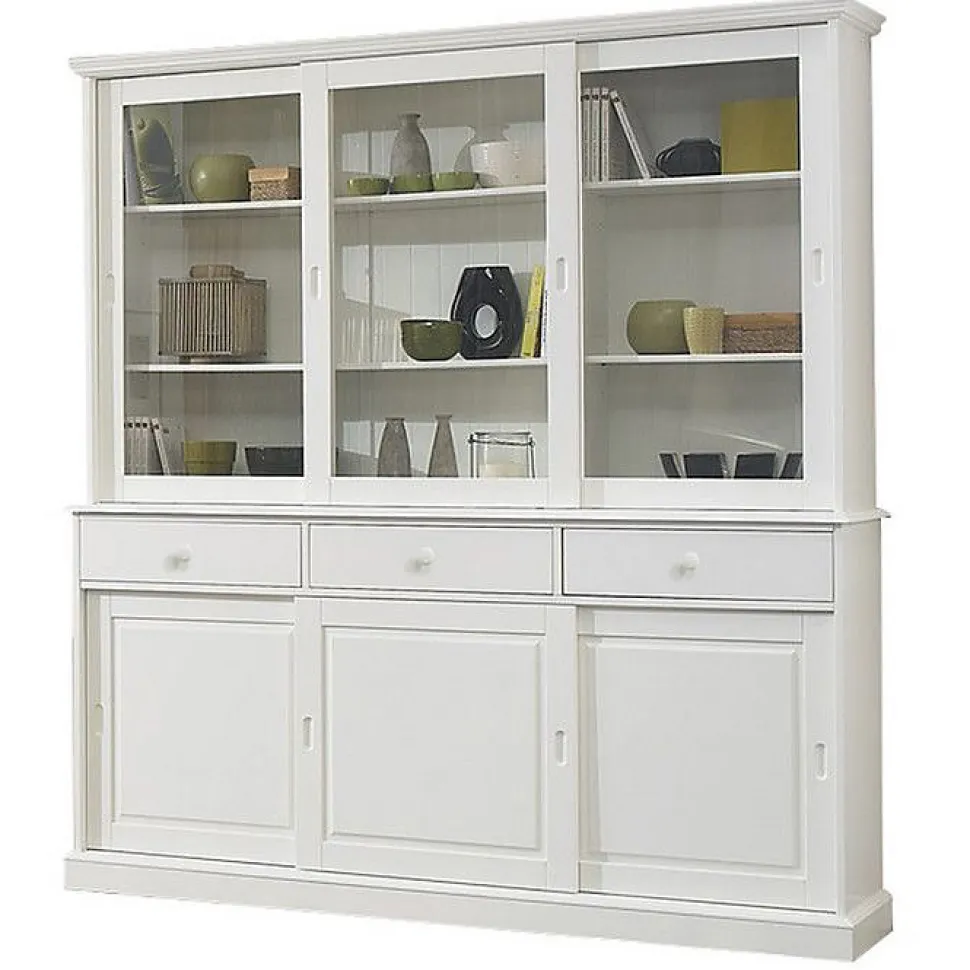 Vaisselier - Blanc - 6 Portes Coulissantes - 3 Tiroirs - 10 Niches - Style Anglais Charme