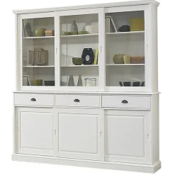 Vaisselier - Blanc - 6 Portes Coulissantes - 3 Tiroirs - 10 Niches - Style Anglais Charme