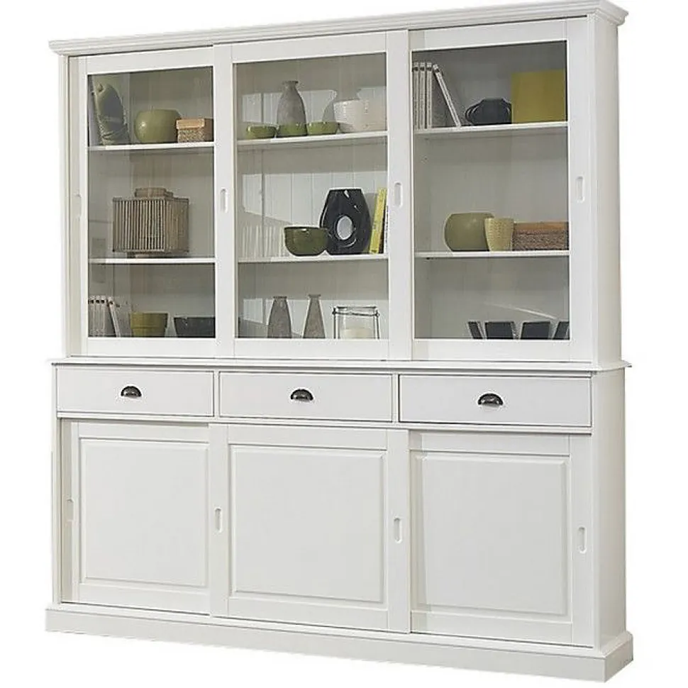 Vaisselier - Blanc - 6 Portes Coulissantes - 3 Tiroirs - 10 Niches - Style Anglais Charme