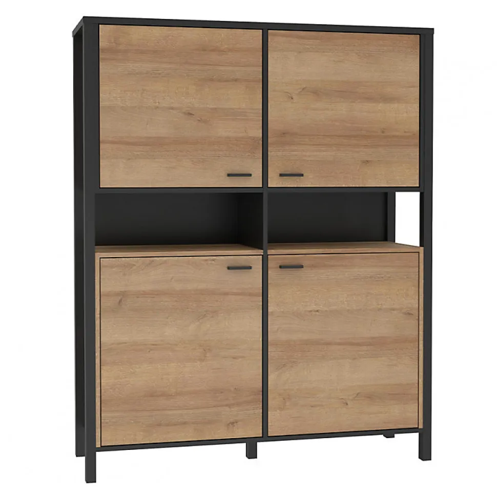 Vaisselier 121 cm 4 portes 2 niches décor bois de chêne et noir - MODE