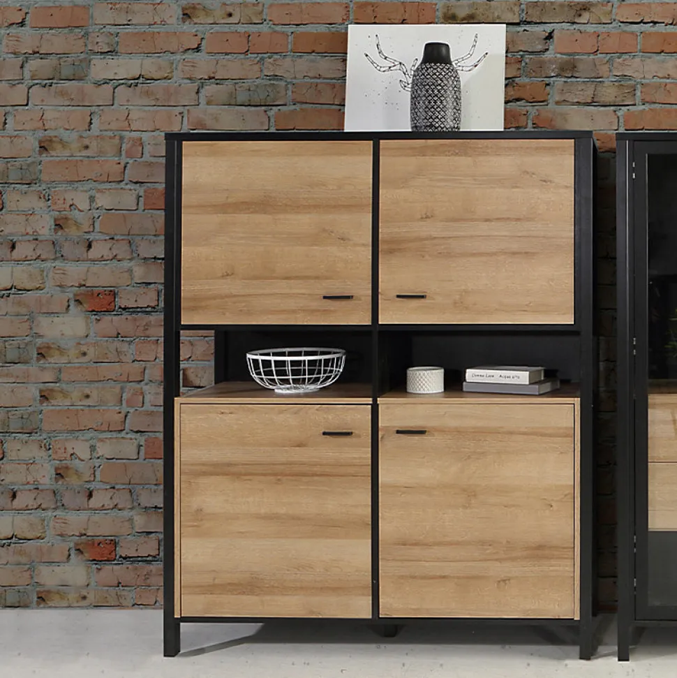 Vaisselier 121 cm 4 portes 2 niches décor bois de chêne et noir - MODE