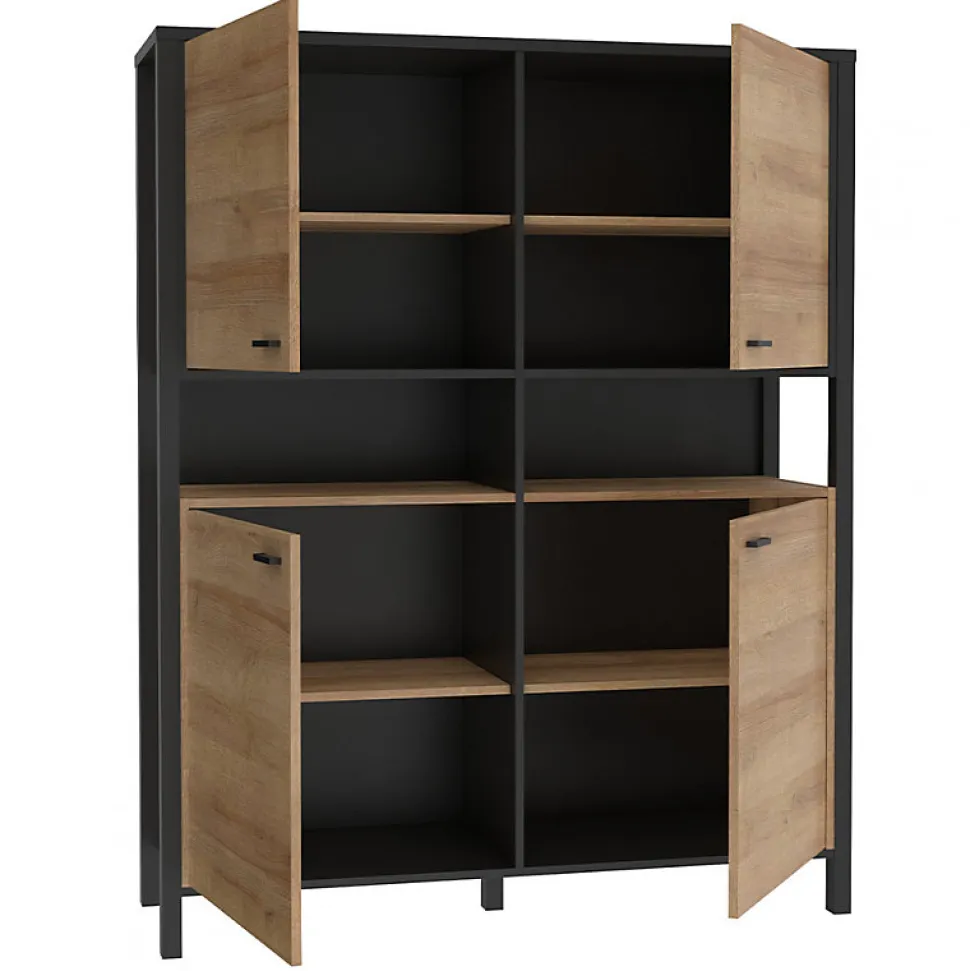Vaisselier 121 cm 4 portes 2 niches décor bois de chêne et noir - MODE