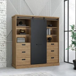Vaisselier 1 porte 6 tiroirs décor chêne et noir éclairage LED - FARM
