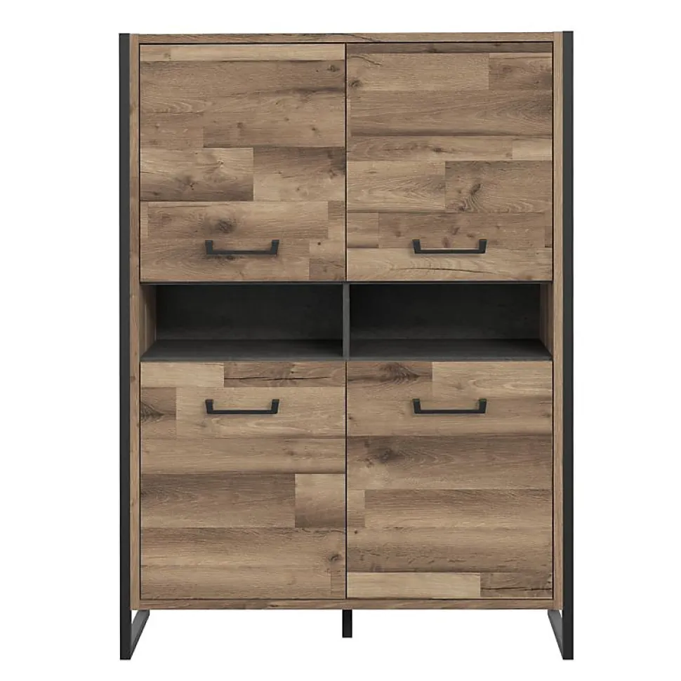 Vaisselier 4 portes 2 niches décor bois recyclé métal noir - APACHE