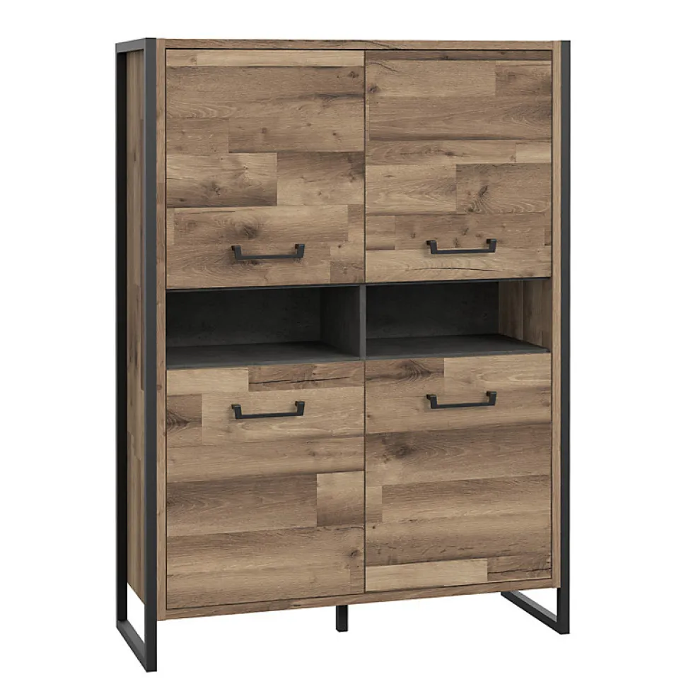 Vaisselier 4 portes 2 niches décor bois recyclé métal noir - APACHE