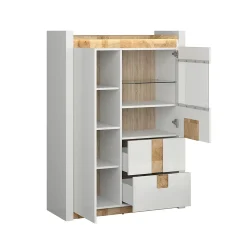 Vaisselier 2 portes 2 tiroirs avec LED Helios Blanc laque et Bois
