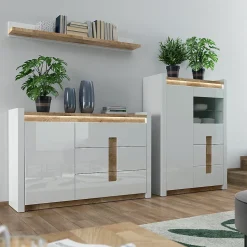Vaisselier 2 portes 2 tiroirs avec LED Helios Blanc laque et Bois