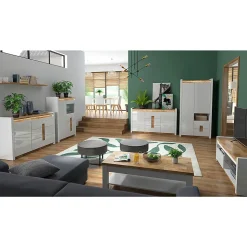 Vaisselier 2 portes 2 tiroirs avec LED Helios Blanc laque et Bois