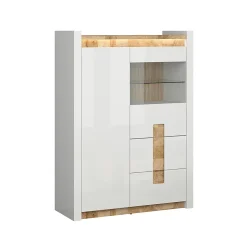 Vaisselier 2 portes 2 tiroirs avec LED Helios Blanc laque et Bois