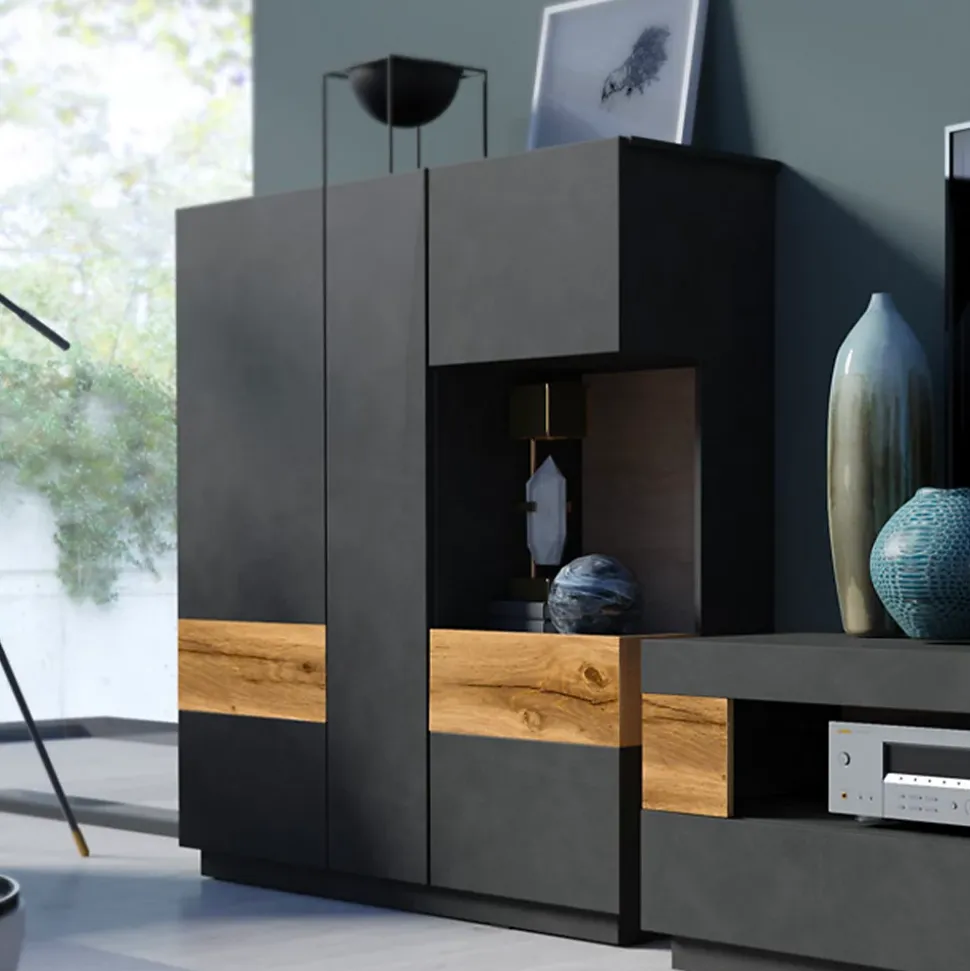 Vaisselier 3 portes Andrea Gris anthracite et Bois
