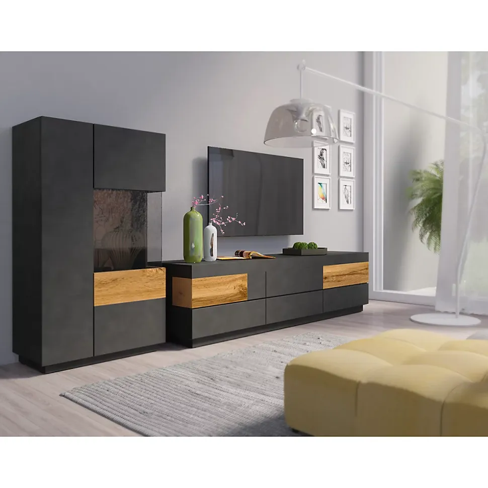 Vaisselier 2 portes ouverture droite Andrea Gris anthracite et Bois