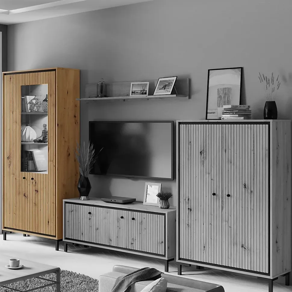 Vaisselier 5 étages En Bois Vitrine Avec Led 89x196 Cm Design Contemporain Bois Naturel
